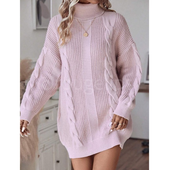 Baby Pink Oversized Sweater Dress Cable Knit Turtleneck Long SLeeve - Picture 4 of 7